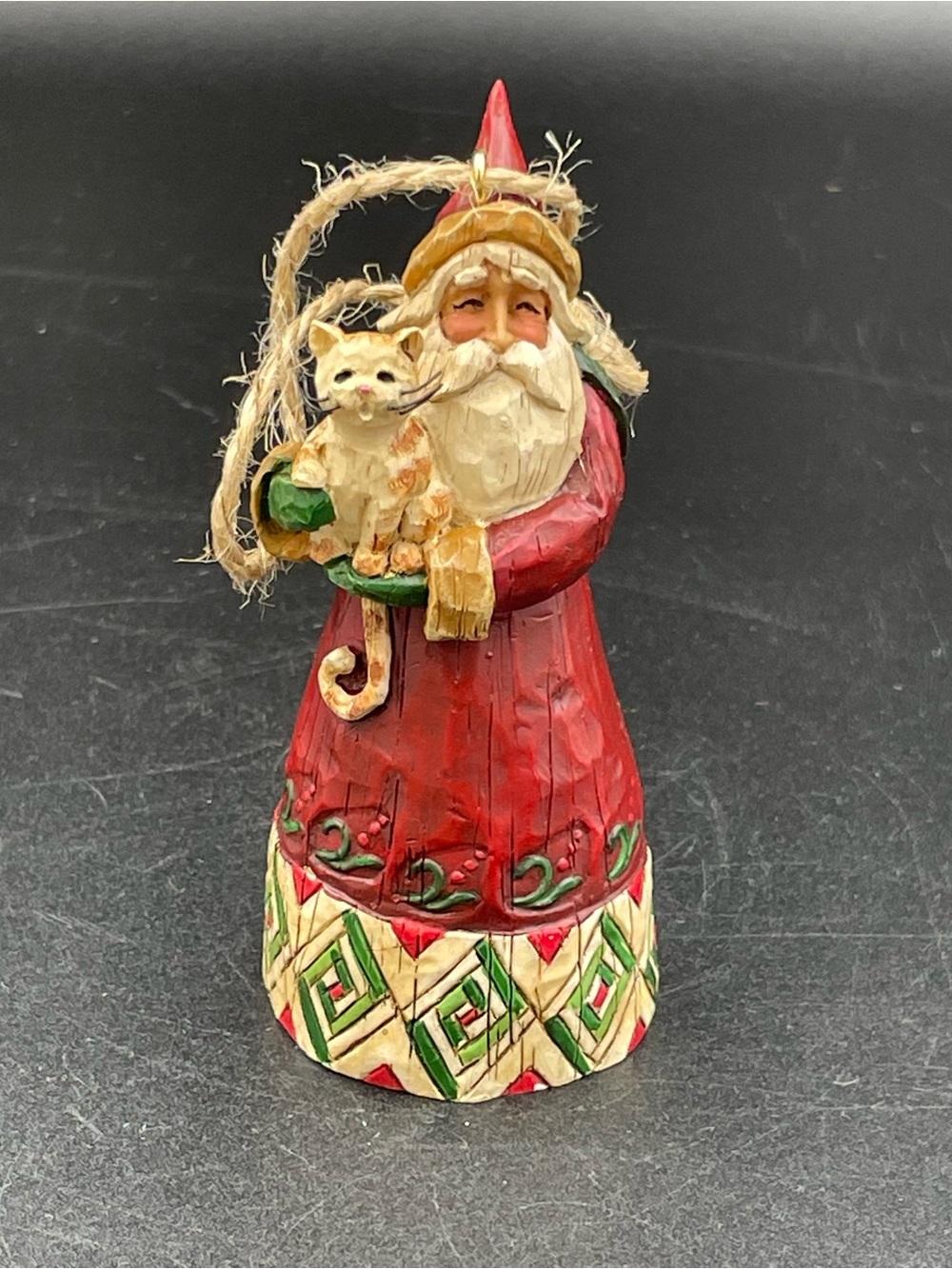 Jim Shore 2002 Heartwood Creek Santa Holding Cat Christmas Ornament 4”